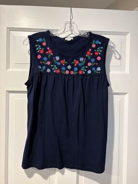 J. Crew Navy Sleeveless Tank with Bright Floral Embroidery
